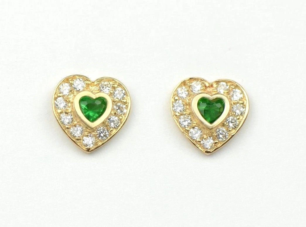 14K Yellow Gold Birthstone Heart with CZ Stud Earrings Screw Back