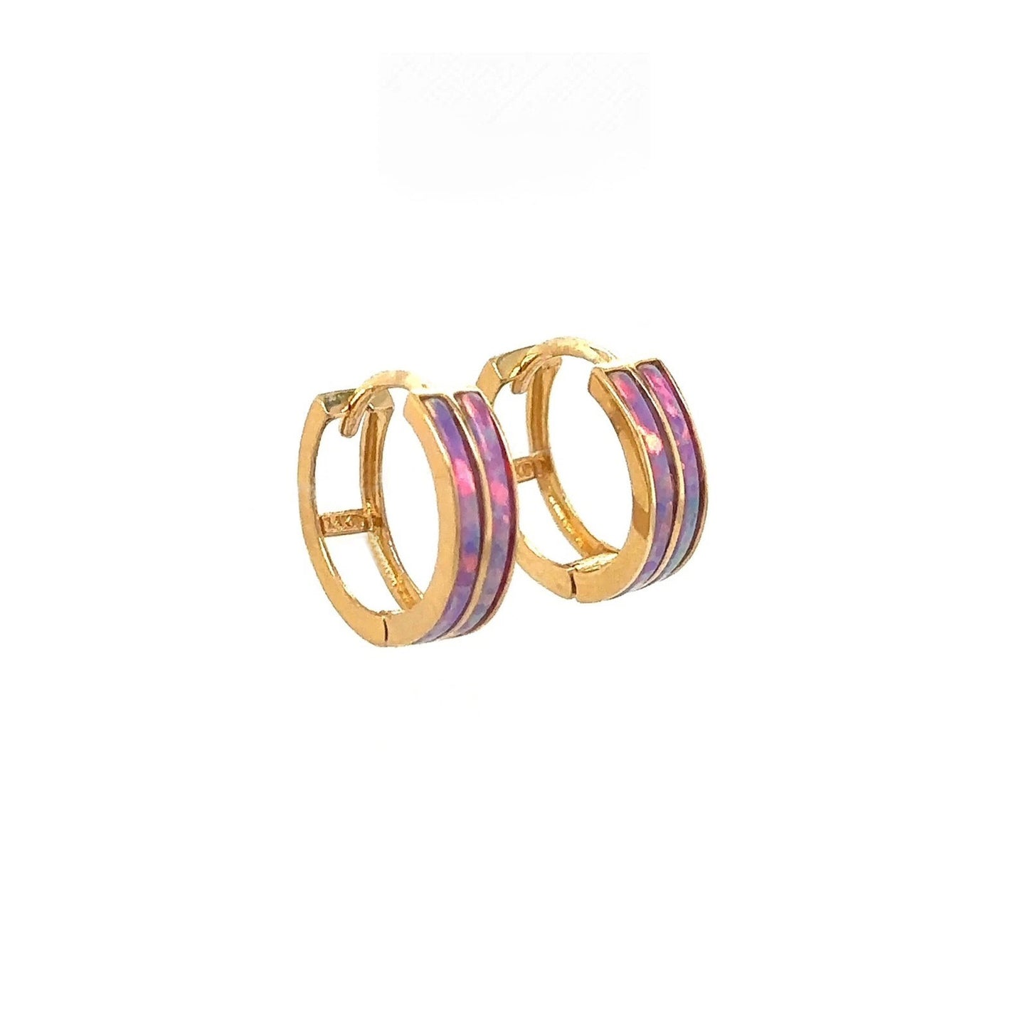 14k Yellow Gold Double Row Purple Opal Huggie Hoop Earrings
