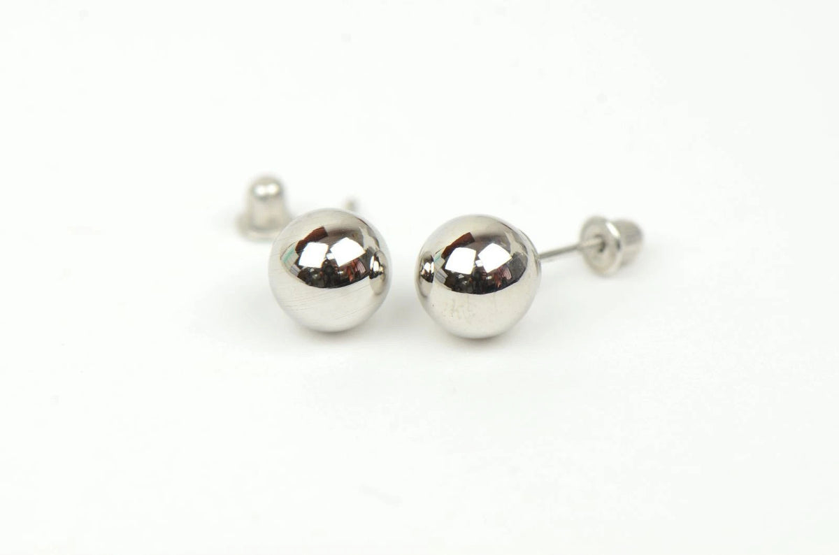 14k White Gold Ball stud earrings with screw back round High Polish