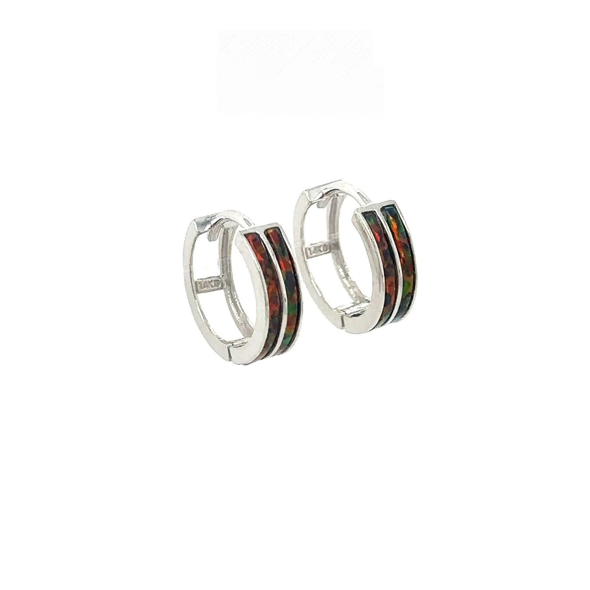 14k White Gold Double Row Black Opal Huggie Hoop Earrings
