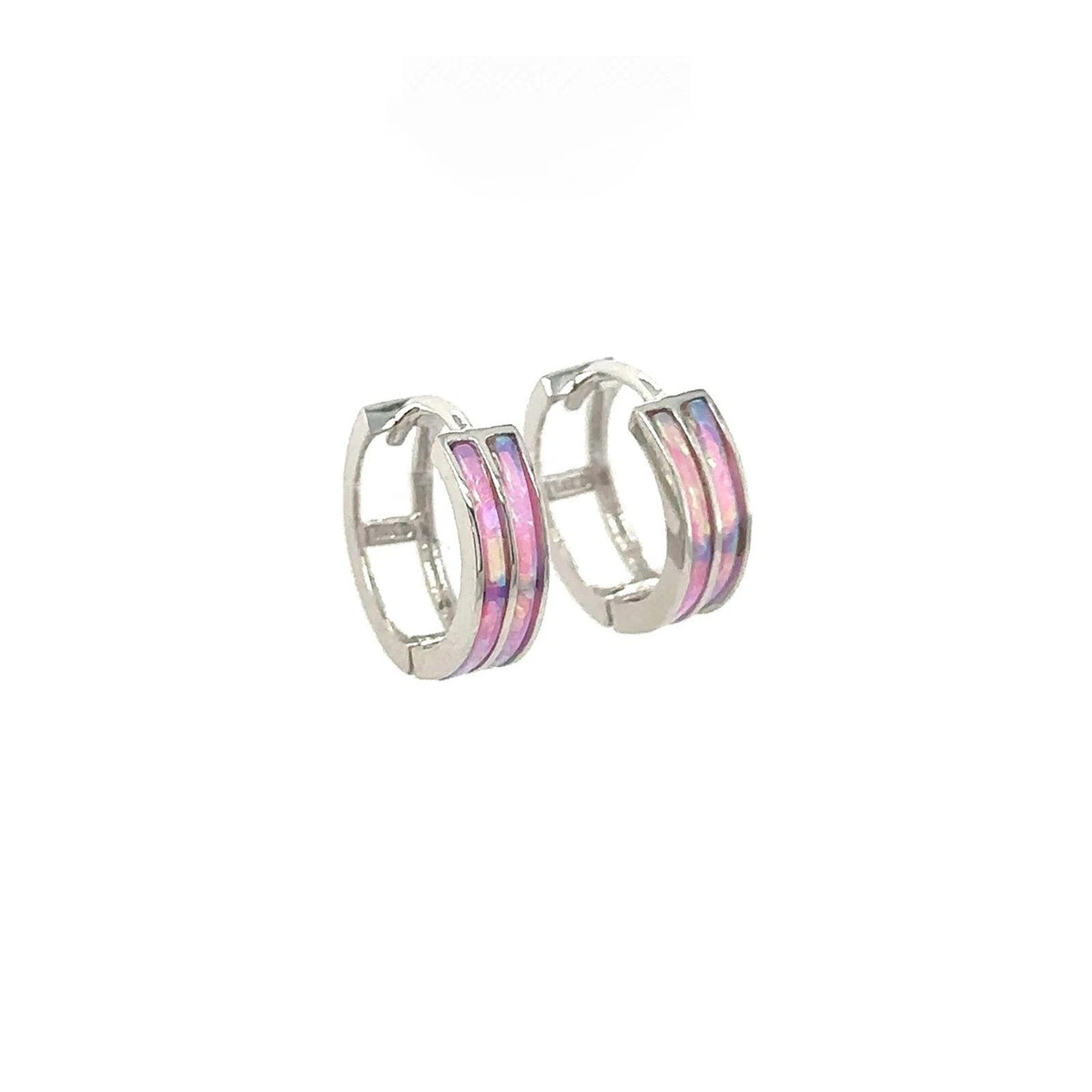 14k White Gold Double Row Light Pink Opal Huggie Hoop Earrings