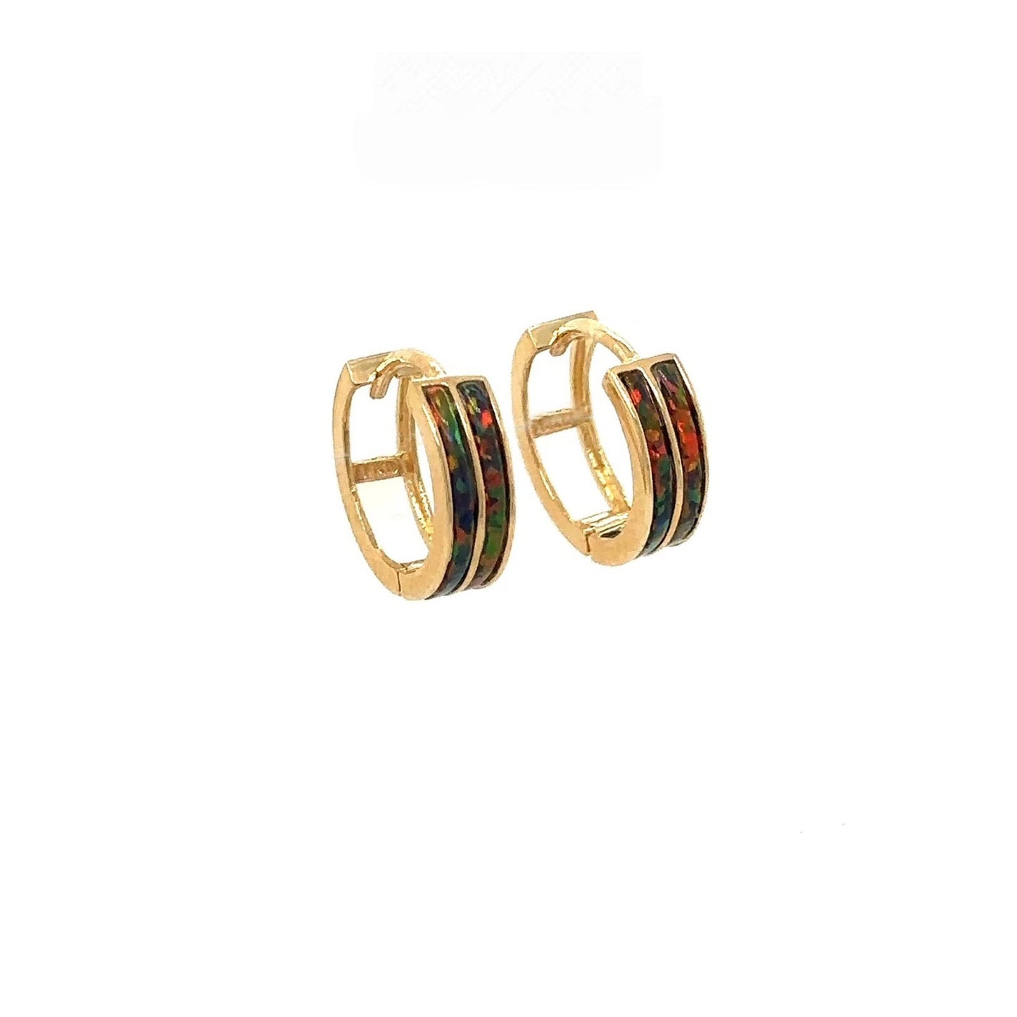 14k Yellow Gold Double Row Black Opal Huggie Hoop Earrings