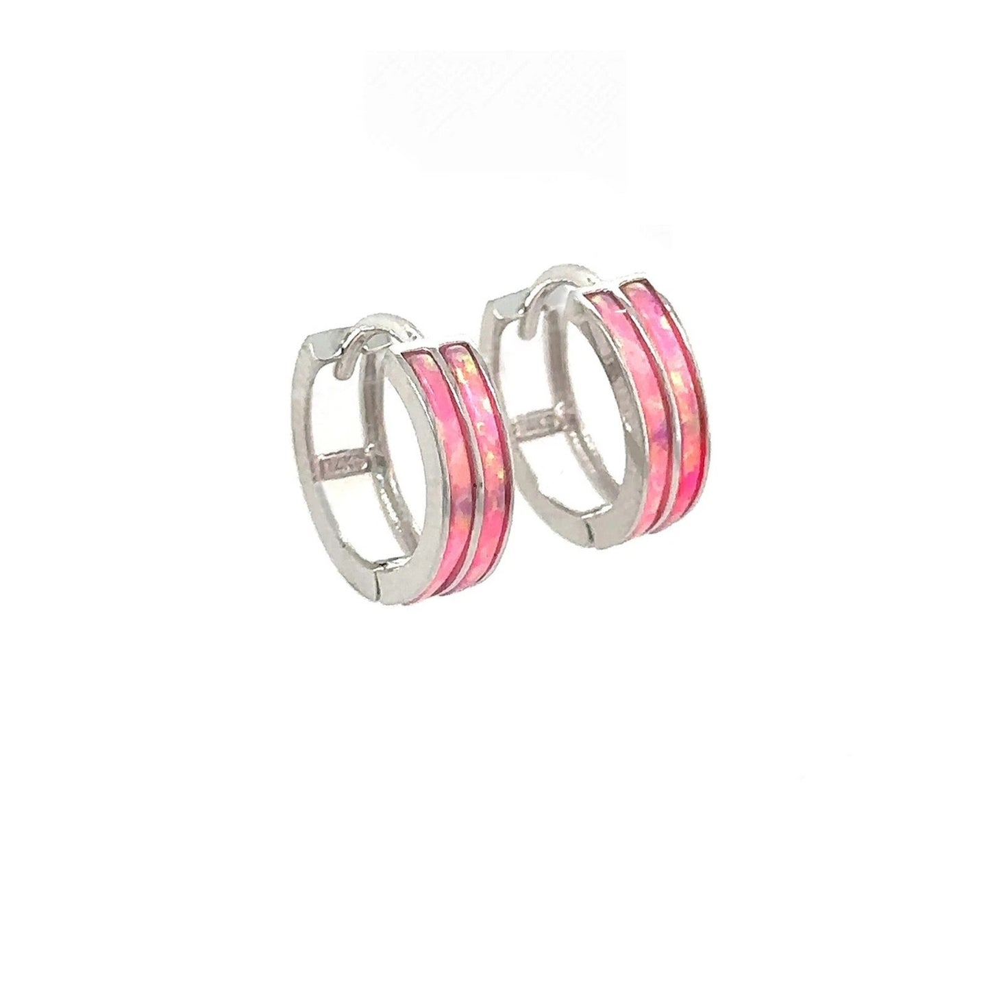 14k White Gold Double Row Hot Pink Opal Huggie Hoop Earrings