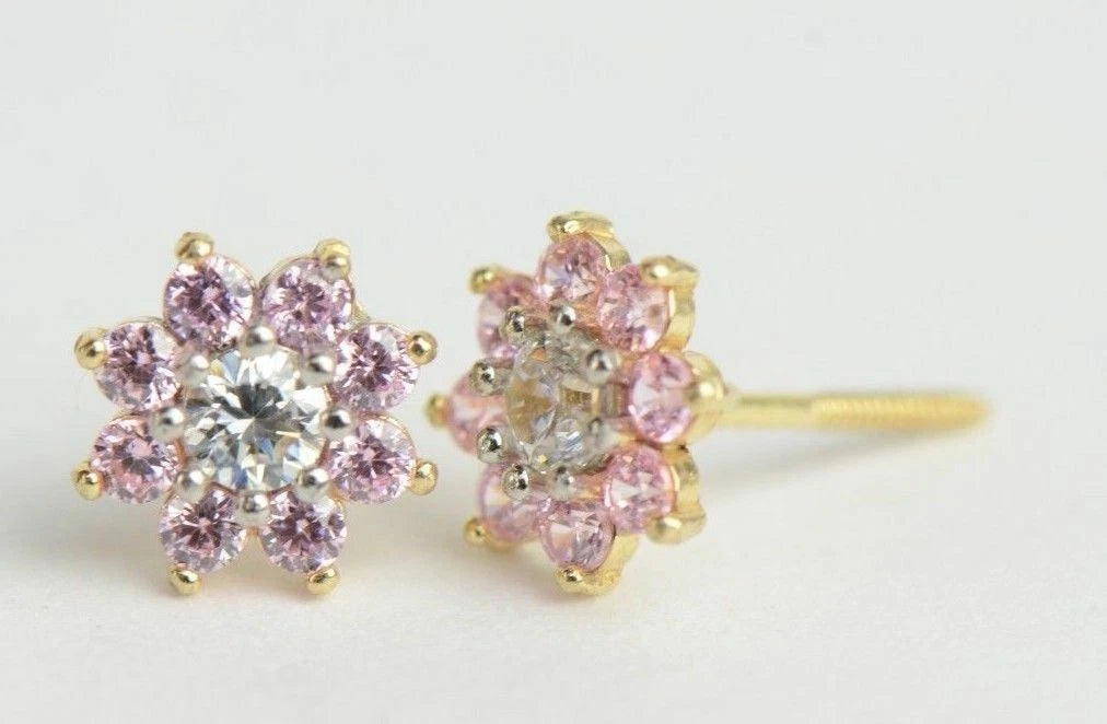 14k Yellow Gold Flower Stud Earrings with  Birthstone Screw Back