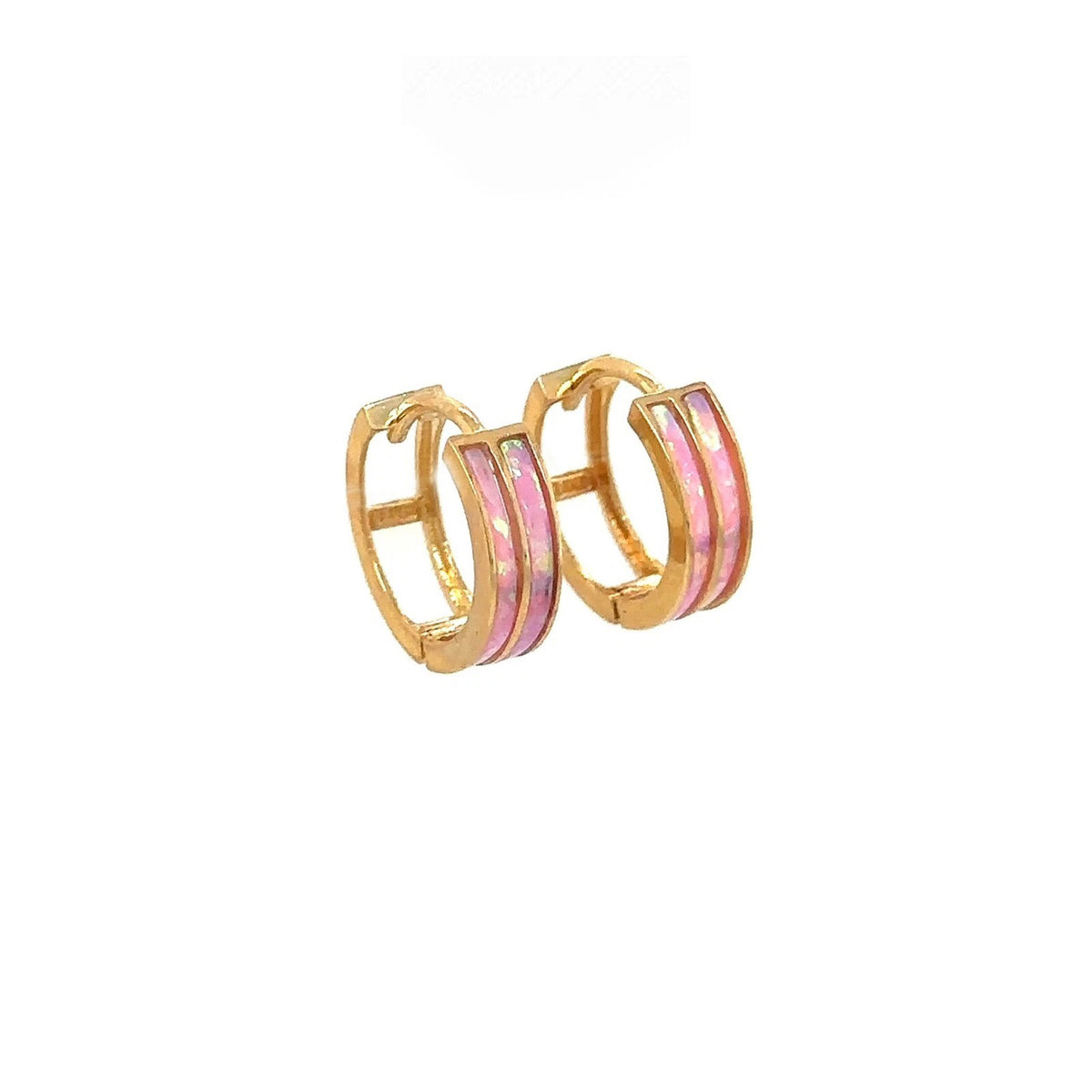 14k Yellow Gold Double Row Light Pink Opal Huggie Hoop Earrings