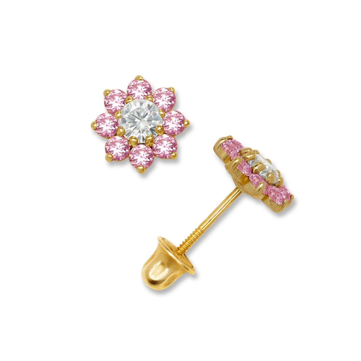 14K Yellow & White Gold Small Beautiful CZ Flower Stud Earrings for Girls
