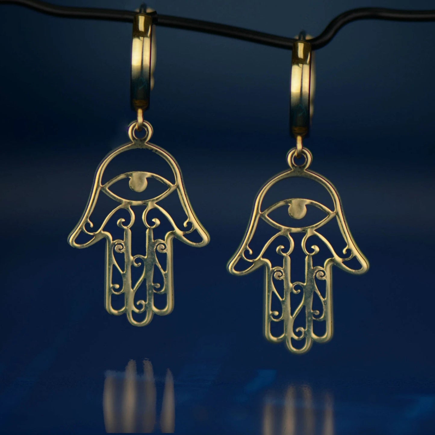 14k Yellow / White Gold Dangle Hamsa Huggie Earrings