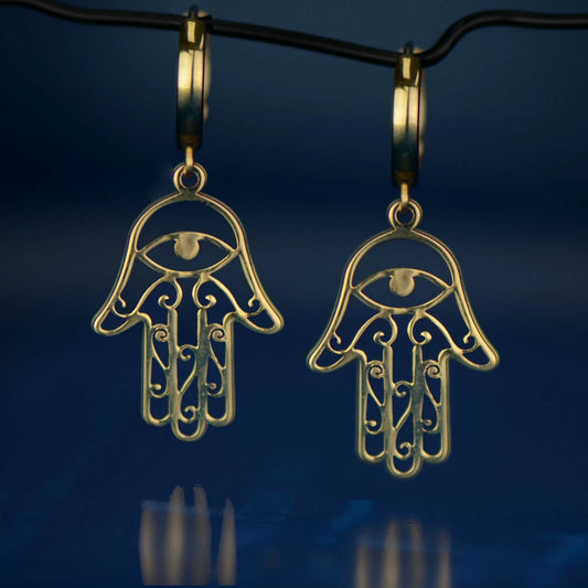14k Yellow / White Gold Dangle Hamsa Huggie Earrings