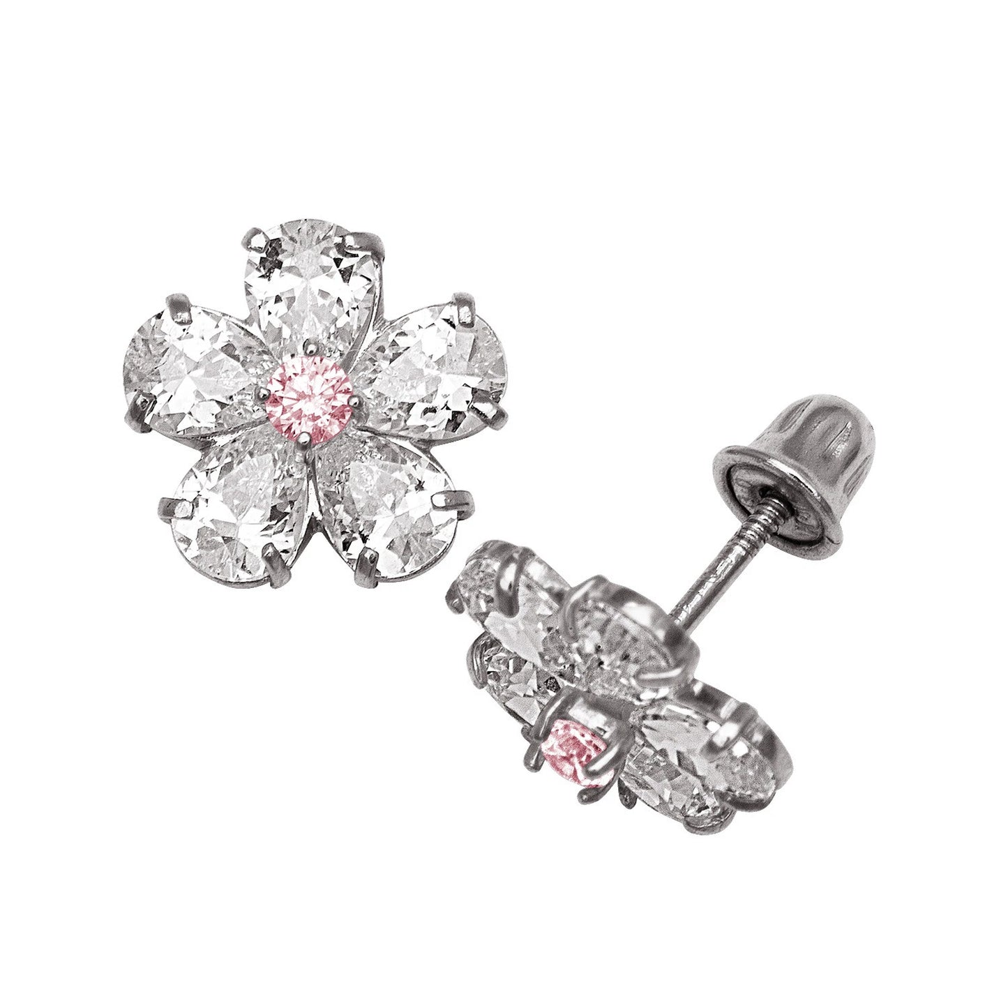 14k Yellow & White Gold CZ Flower Birthstone Stud Screw Back Earrings for Women