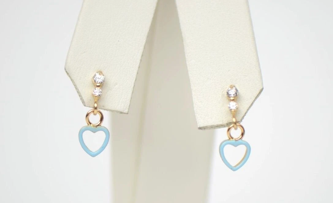 14K Solid Yellow Gold Heart Shape Dangle Earring with Enamel