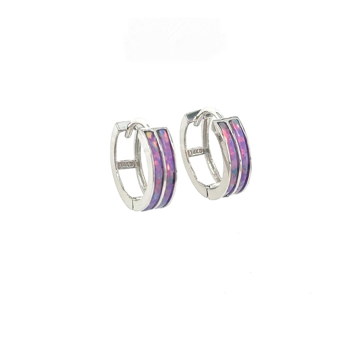 14k White Gold Double Row Purple Opal Huggie Hoop Earrings