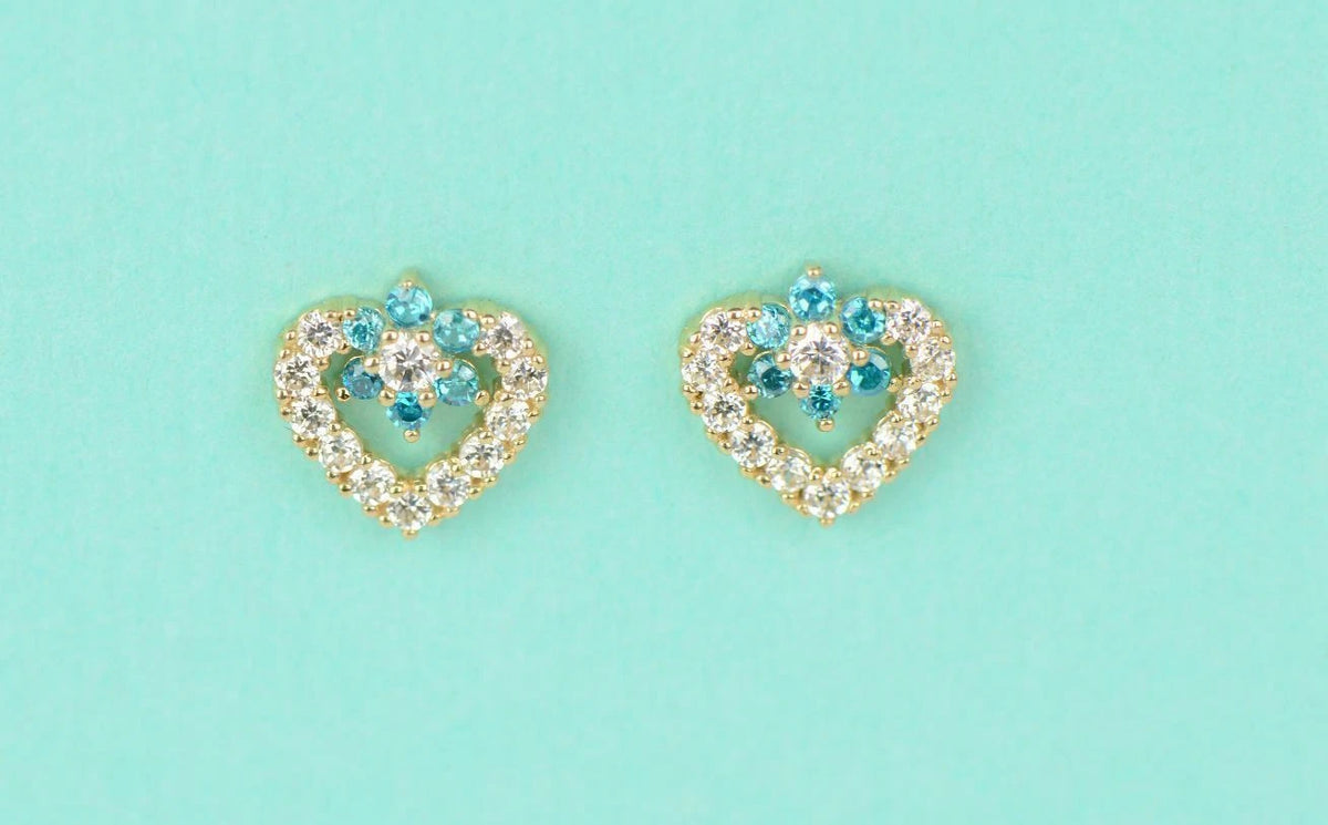 14K Yellow Gold Stud Heart Shape CZ Stud Earrings