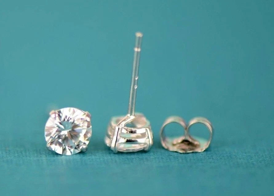 14k Heavy Basket White Gold Round AAA Quality CZ Stud with push back