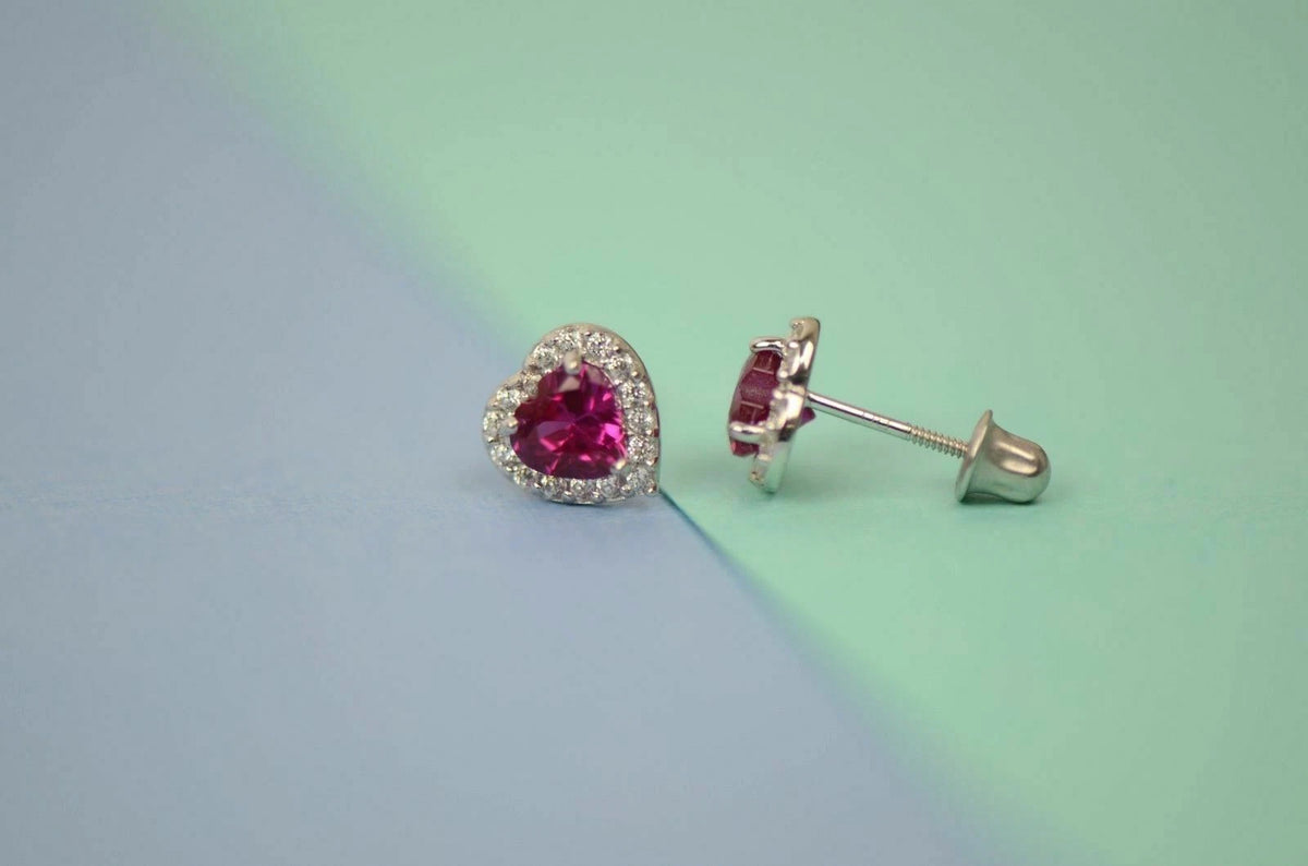 14K White Gold Halo Heart CZ Stud Earrings Screw Back