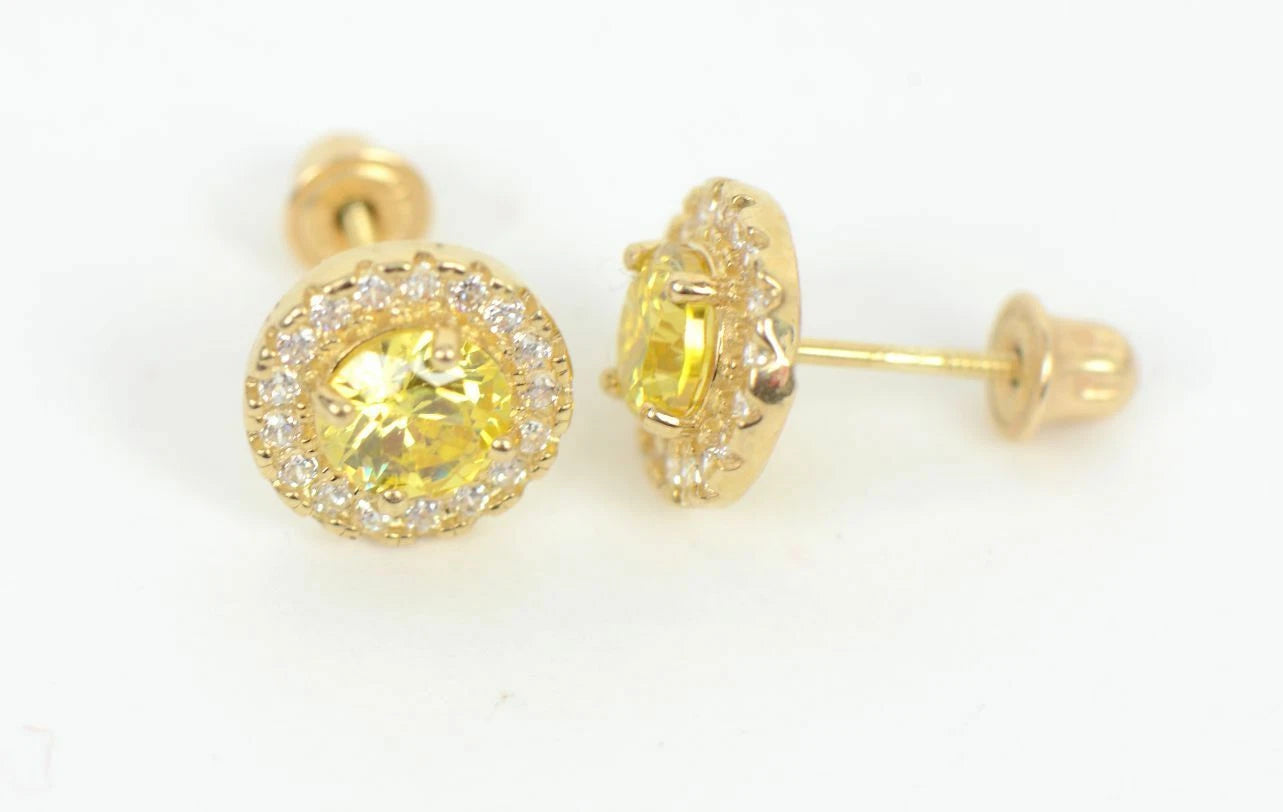14K Yellow Gold Halo Stud Screw Back Earrings