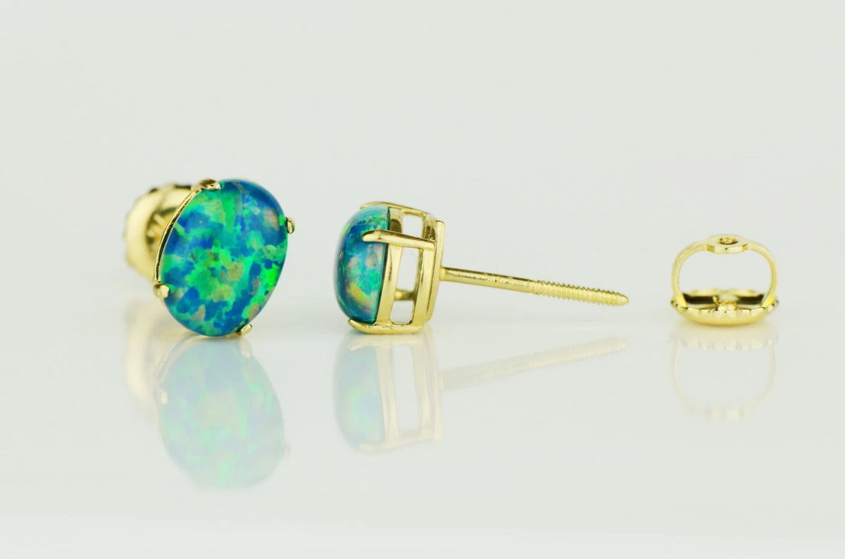 14k Yellow & White Gold Oval Opal Screw Back Stud Earrings for Earrings