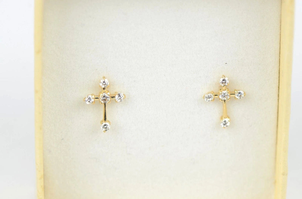 14K Yellow White Gold Cubic Zirconia CZ Cross Earrings