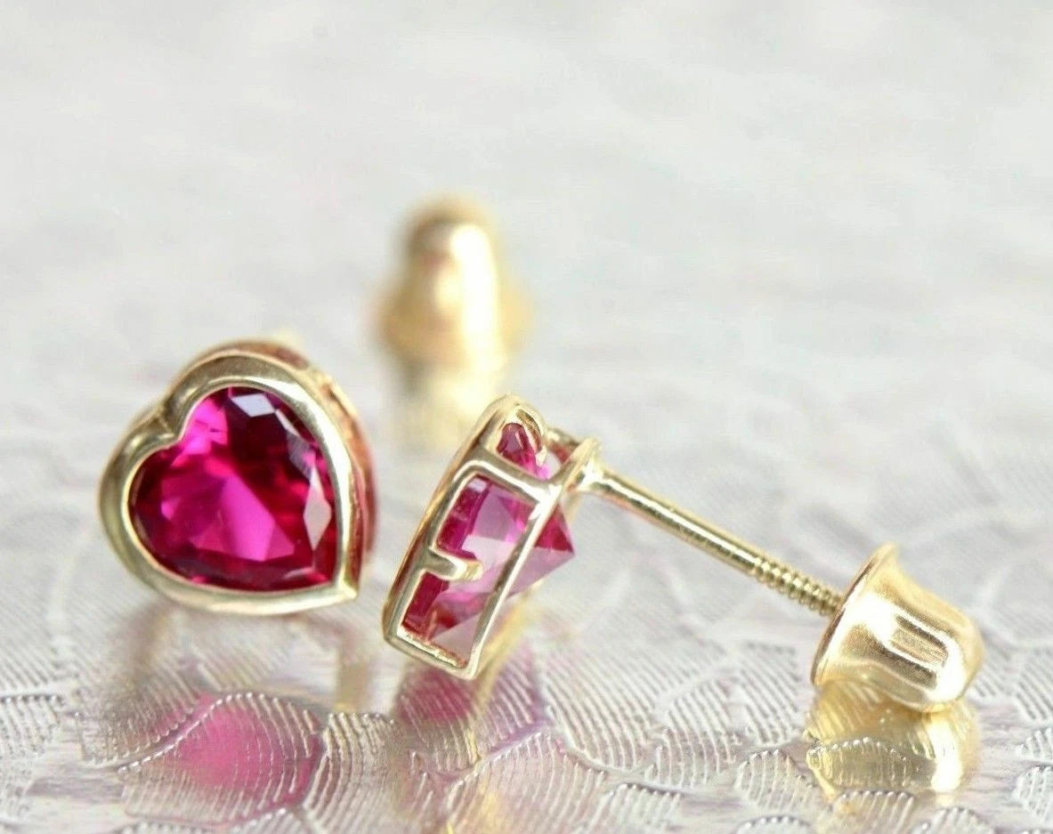 14K Solid Yellow Gold Heart Stud Earrings Birthstone 6mm x 6mm