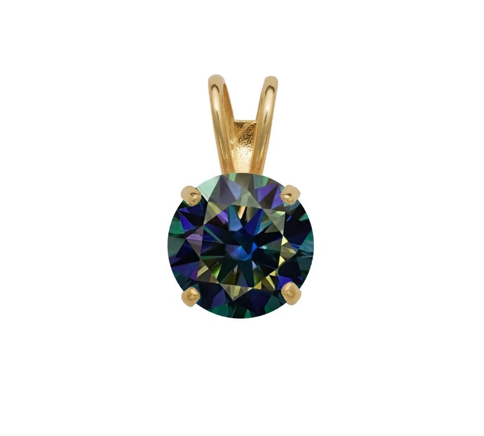 14K Gold GRA Certified D-VVS1 Round Rainbow Blue Moissanite Pendant