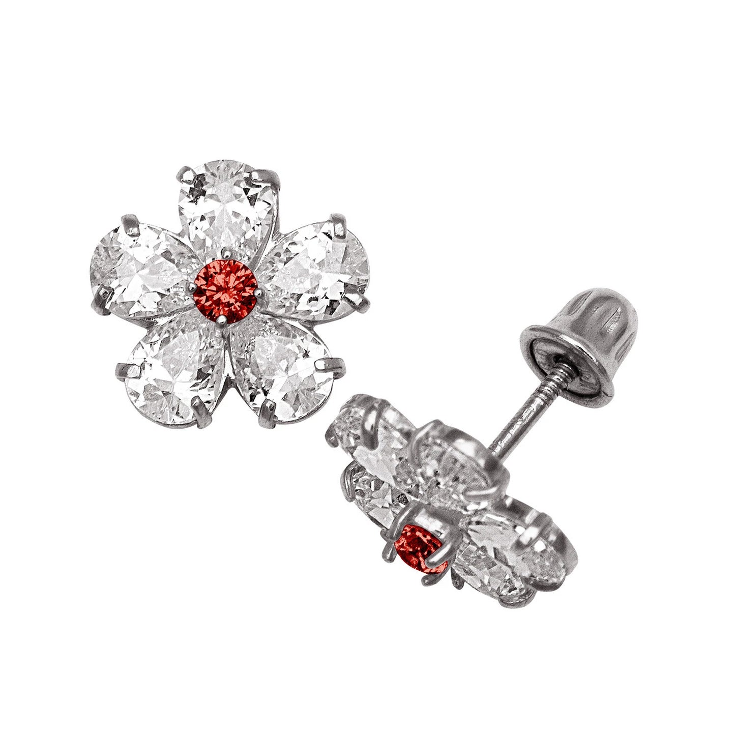 14k Yellow & White Gold CZ Flower Birthstone Stud Screw Back Earrings for Women
