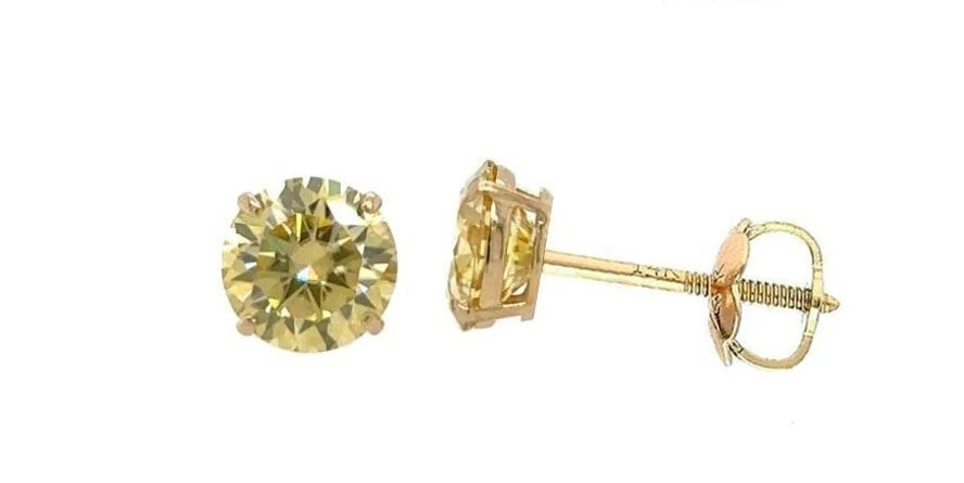 14K Gold GRA Certified D-VVS1 Lemon Yellow Moissanite Screw Back Studs Earrings