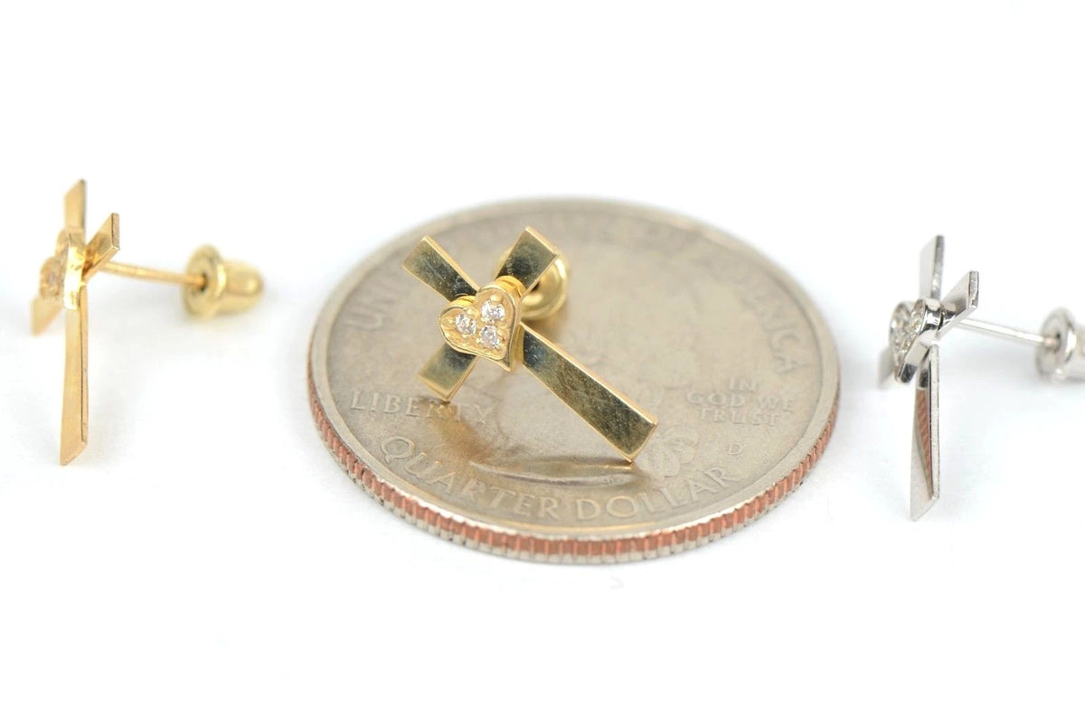 14K Yellow or White Gold Heart CZ Cross