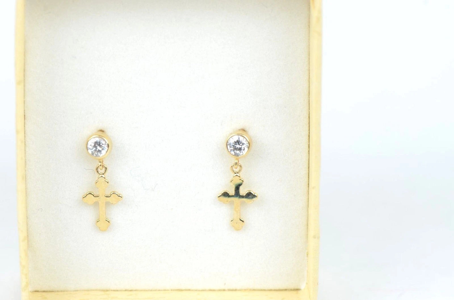 14K Yellow White Gold Cubic Zirconia CZ Cross Dangle Earrings