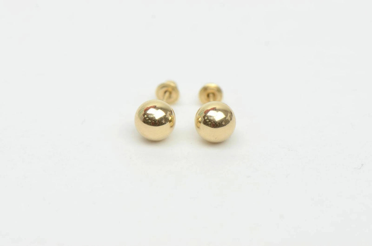 14k Solid Yellow Gold Ball stud earrings with screw back round High Polish