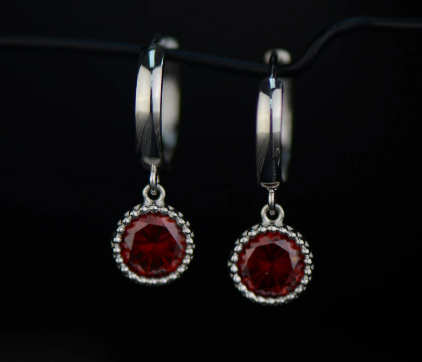 14k White Gold Dangle Round Birthstone Huggie Earrings
