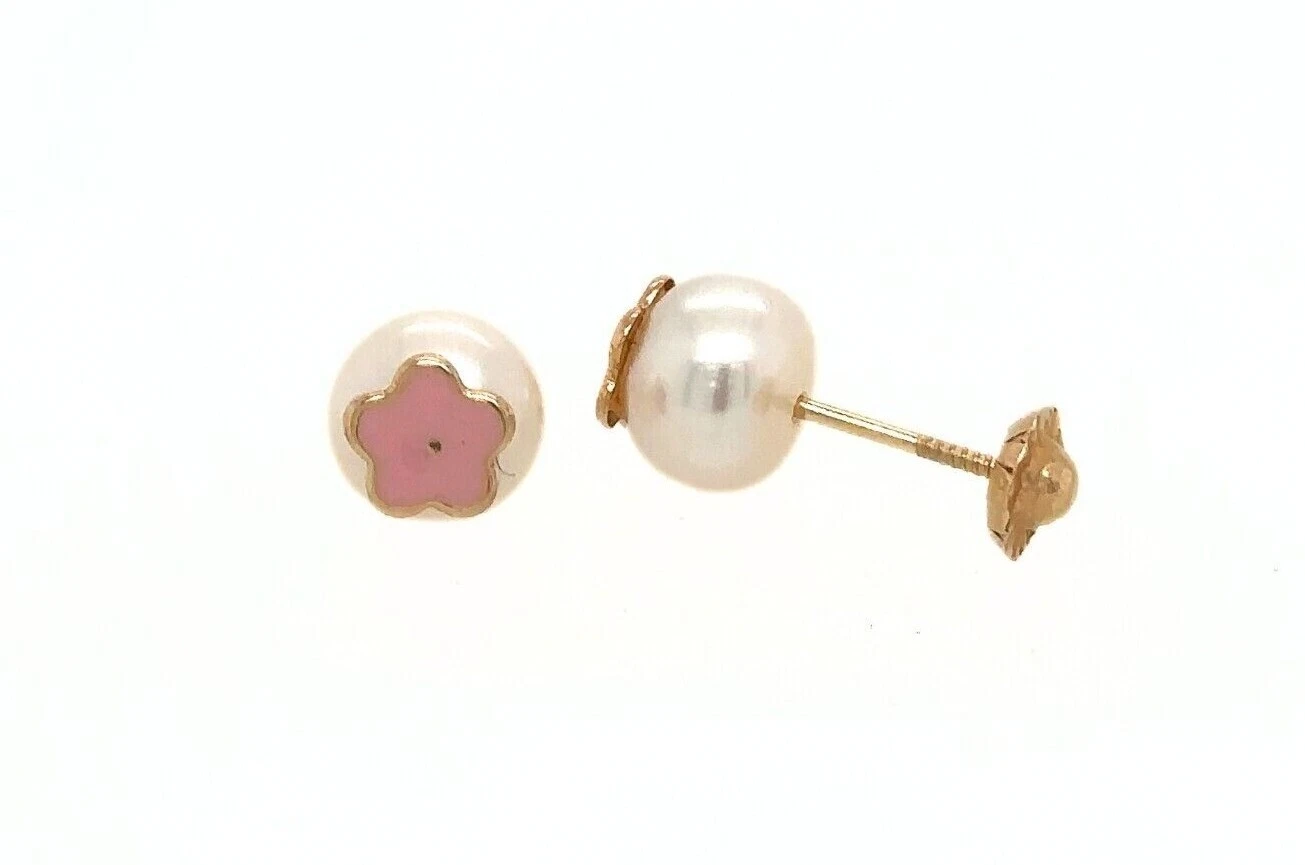 14k Yellow Gold Enamel Flower With Genuine Pearl Screw Back Stud Earrings
