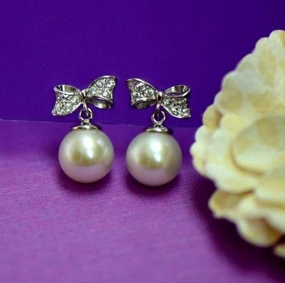 14k yellow white gold bow tie pearl cz stud earring freshwater