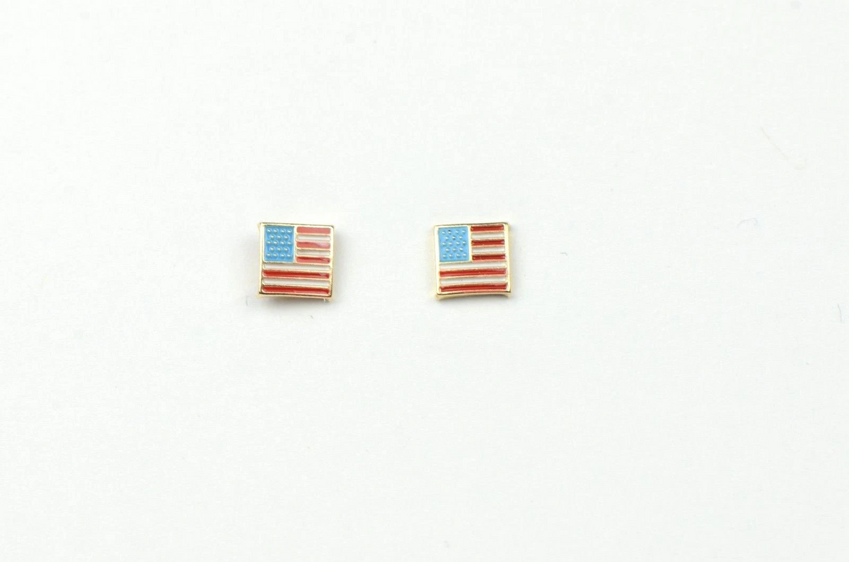 14K Yellow Gold American Flag Stud Earrings with Enamel