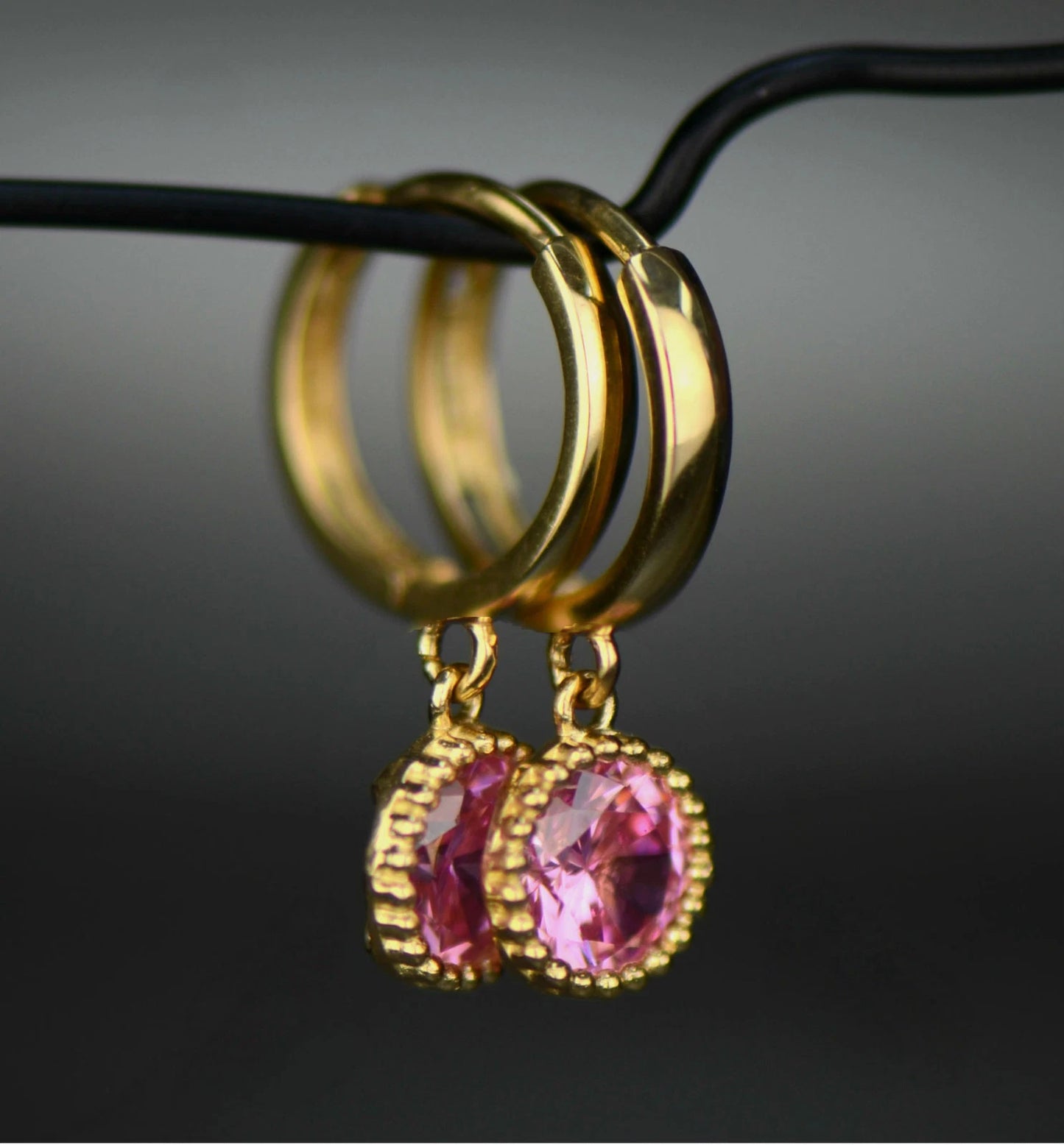14k Yellow Gold Dangle Round Birthstone Huggie Earrings