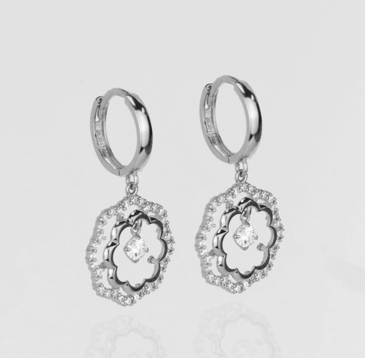 14k Yellow / White Gold Dangle CZ Flower Huggie Earrings