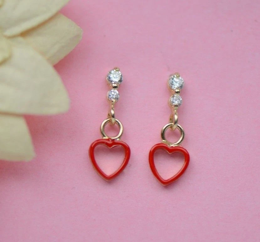 14K Solid Yellow Gold Heart Shape Dangle Earring with Enamel