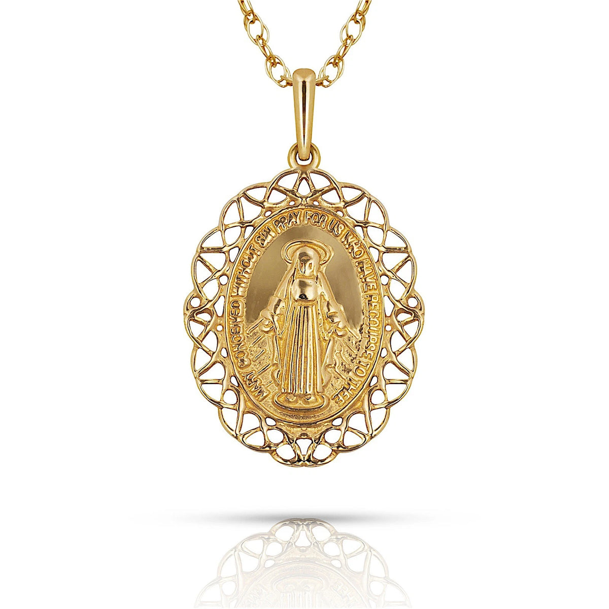 14K Yellow & White Gold Miraculous Medal Virgin Mary Pendant For Women