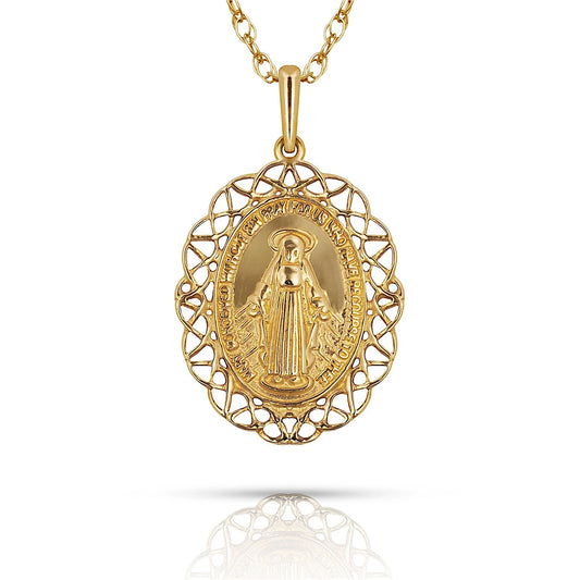 14K Yellow & White Gold Miraculous Medal Virgin Mary Pendant For Women