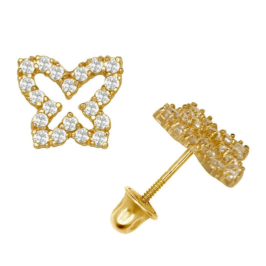 14K Yellow & White Gold Beautiful CZ Butterfly Stud Earrings for Girls
