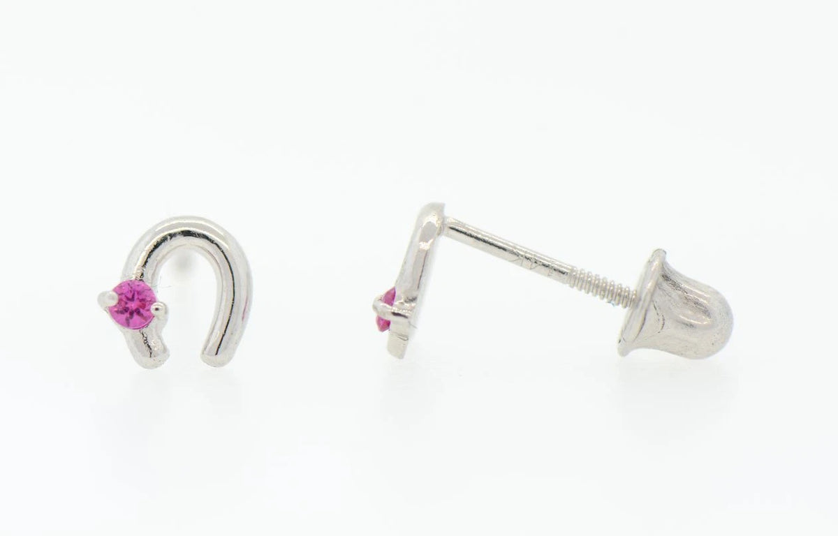 14k Solid Yellow or White Gold Horse Shoe Screw Back Stud Earrings with CZ