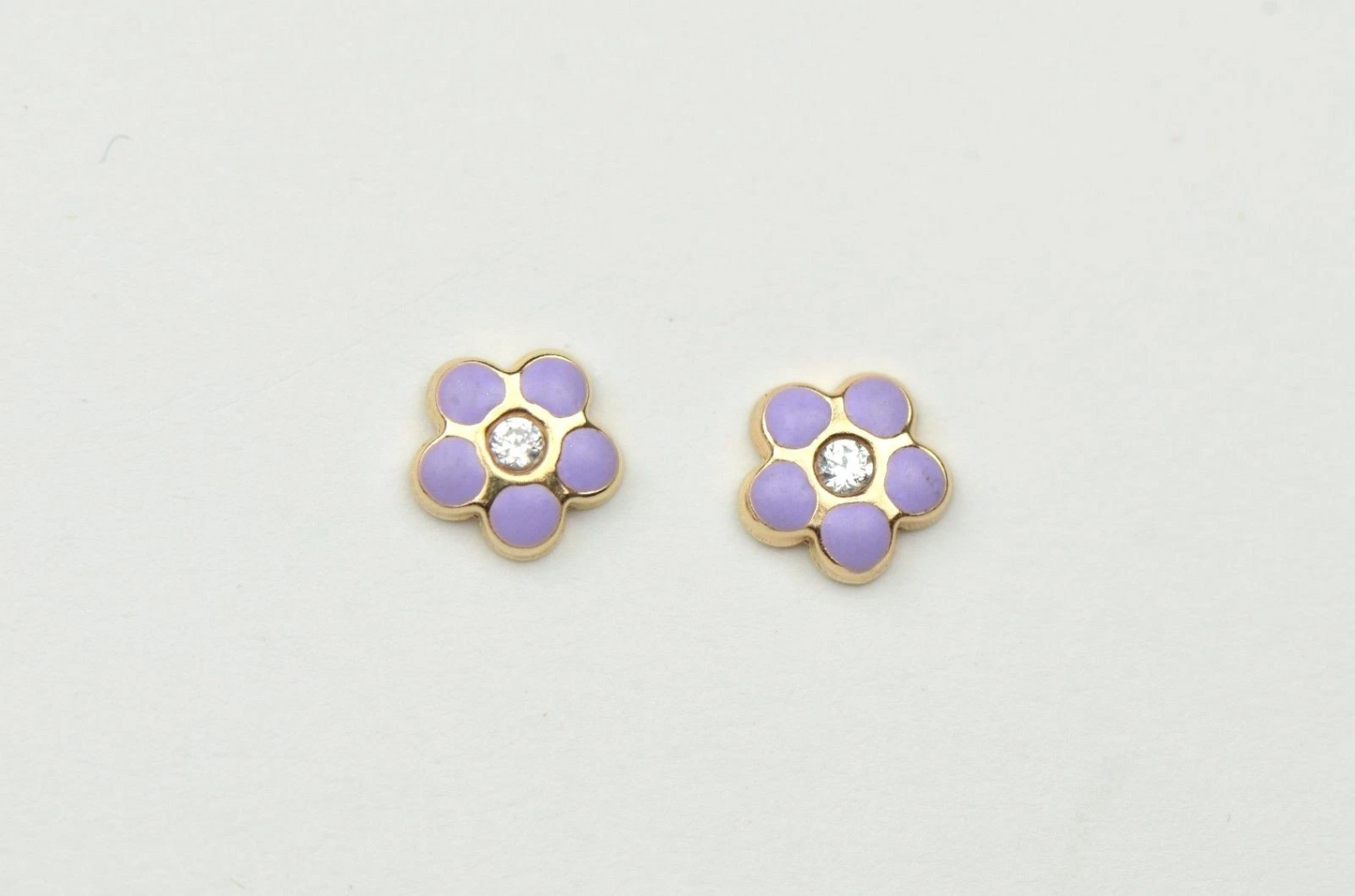 14k Yellow Gold Baby Enamel and CZ Flower earrings, Screw Back