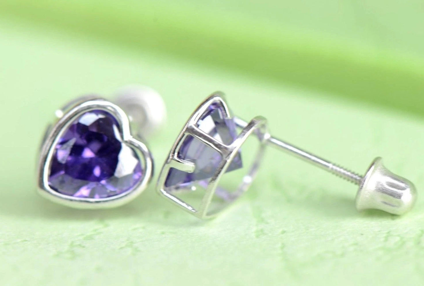 14k Solid White Gold Heart Birthstone Stud Earrings 6mm X 6mm