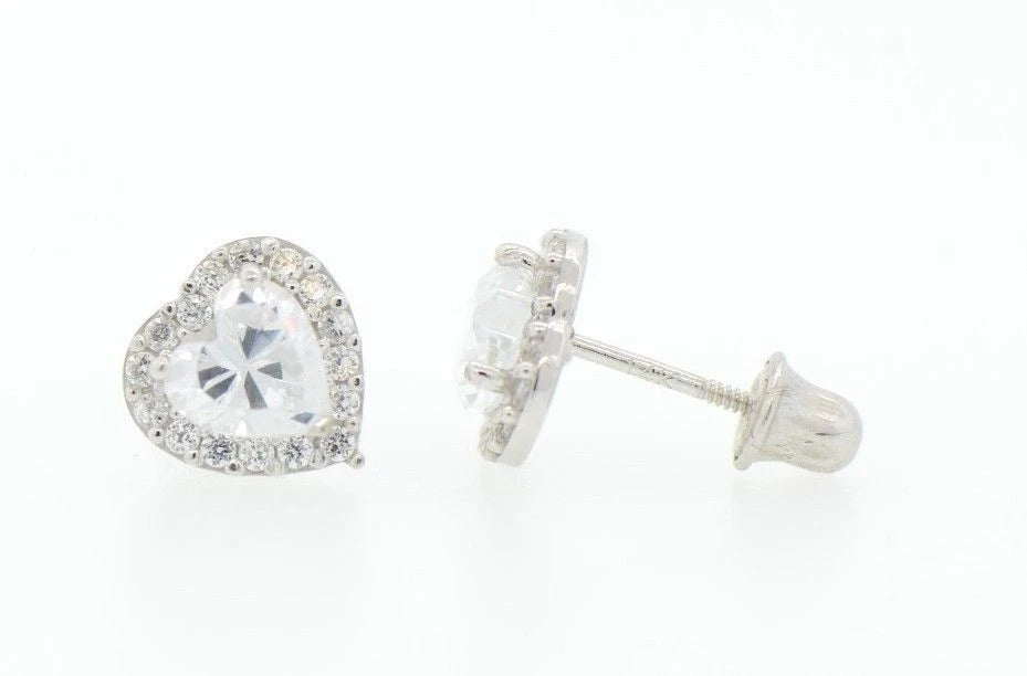 14K White Gold Halo Heart CZ Stud Earrings Screw Back