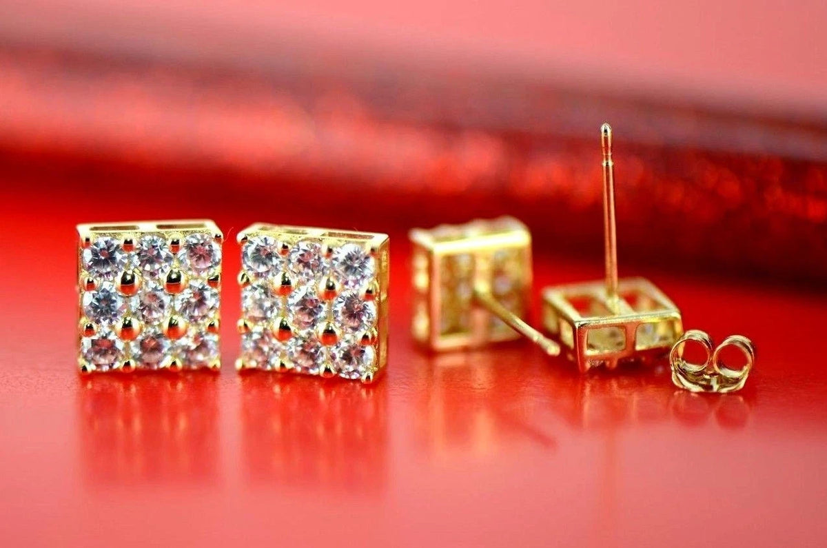 14K Yellow or White Gold Fancy Square Design CZ Stud Earrings