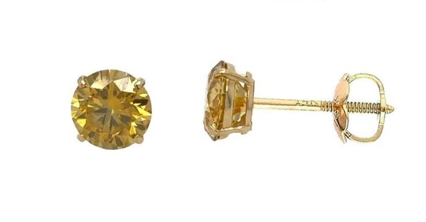 14K Gold Certified GRA D-VVS1 Round Yellow Moissanite Screw Back Studs Earrings