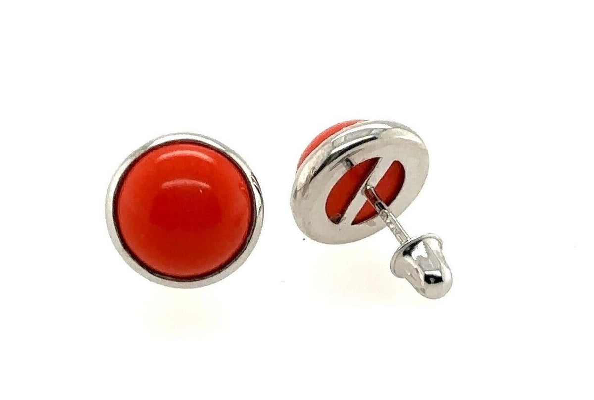 14K White Gold Turquoise/Onyx/Coral Screw Back Solitaire Stud Earrings