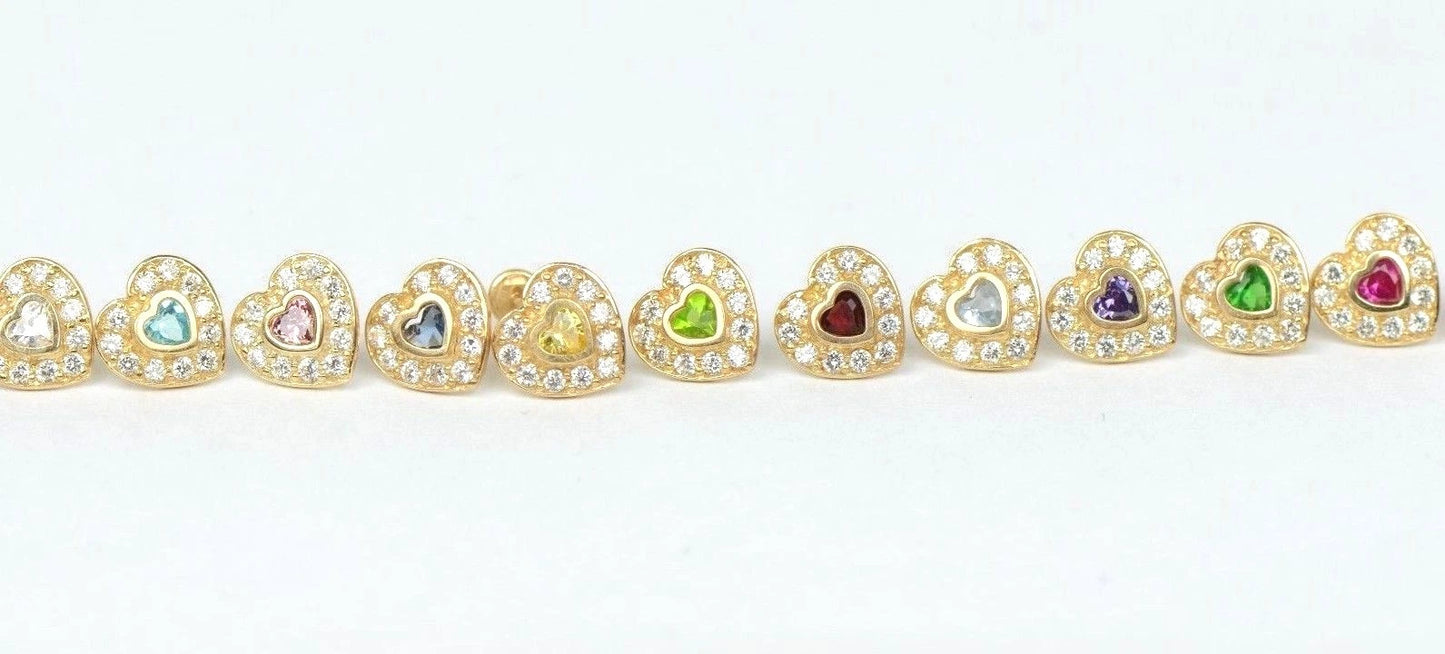 14K Yellow Gold Birthstone Heart with CZ Stud Earrings Screw Back