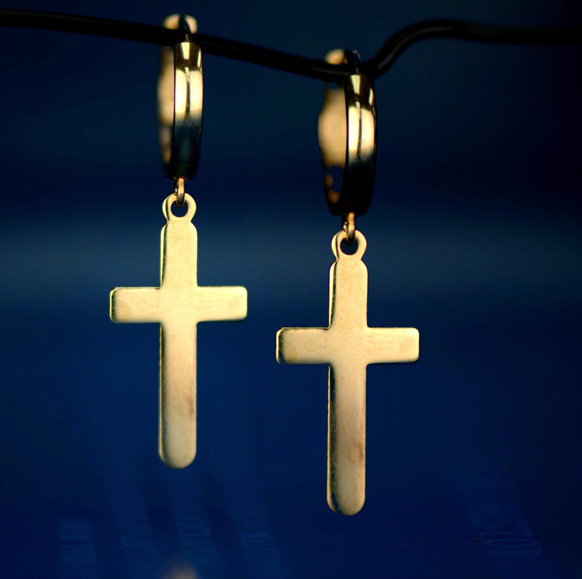 14k Yellow / White Gold Dangle Cross Hamsa Huggie Earrings