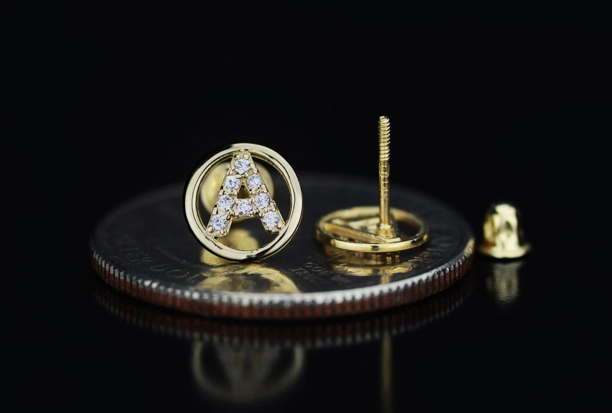 14k Yellow or White Gold Round Initial Letters CZ Stud Earrings