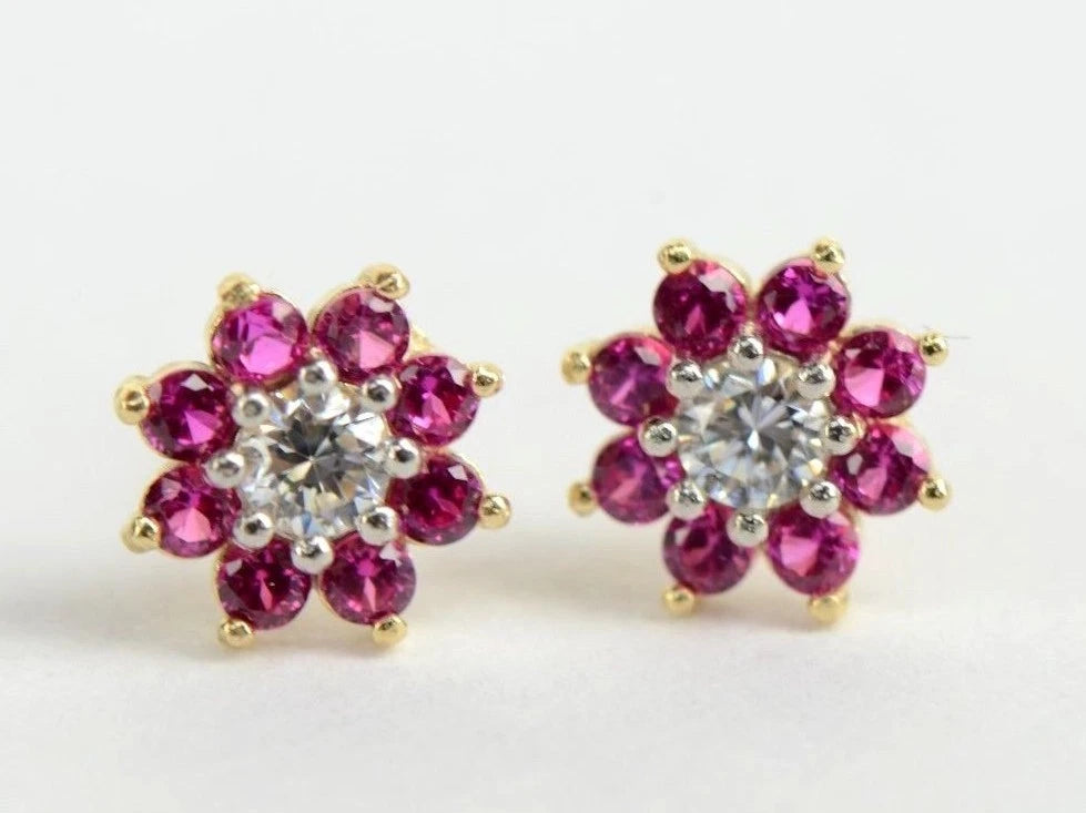 14k Yellow Gold Flower Stud Earrings with  Birthstone Screw Back