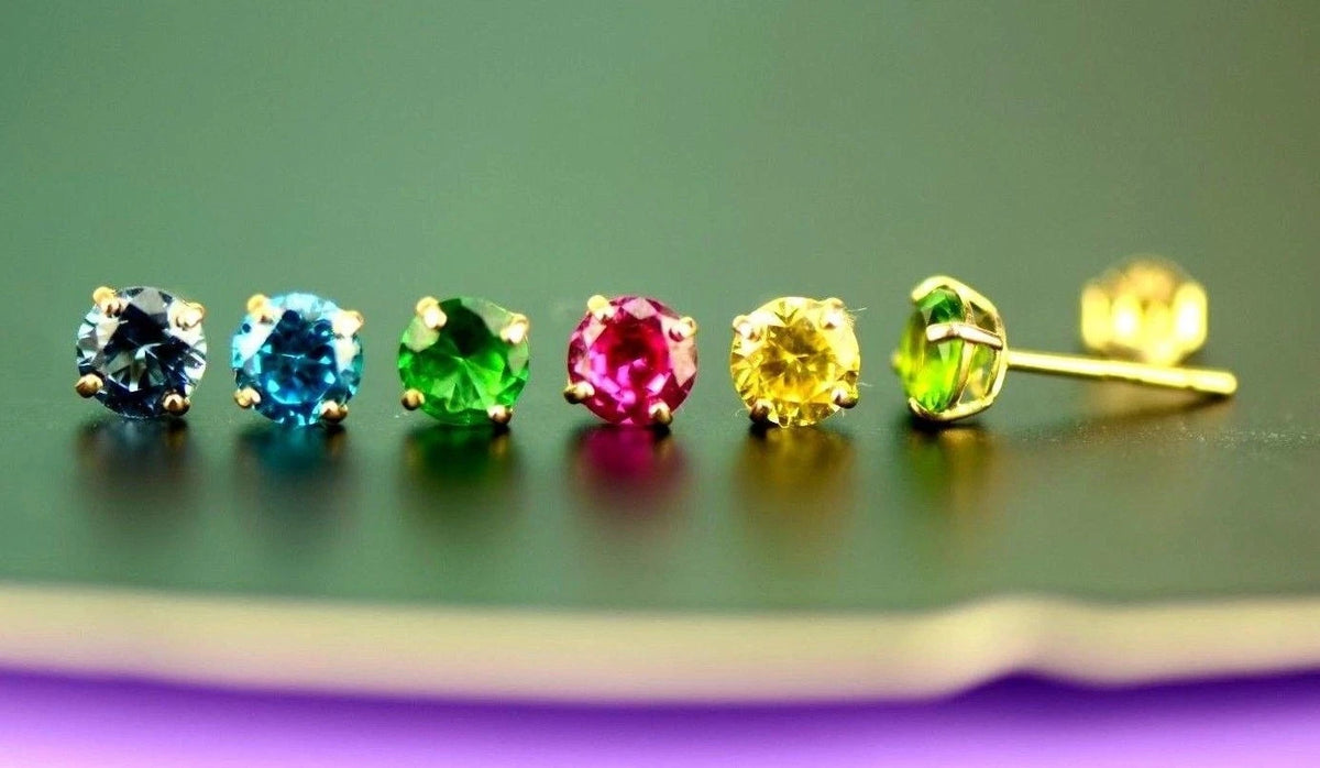 14K Yellow Gold 4mm Round Shaped Birthstone Stud Push Back Earrings for Women